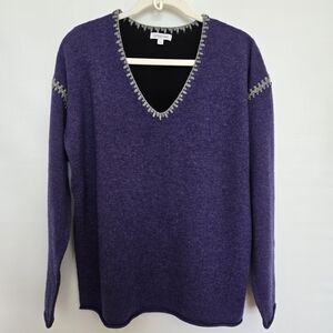 JOHNNY WAS 'THE WHIPSTITCH' V NECK SWEATER WOOL CASHMERE PURPLE GRAY MEDIUM